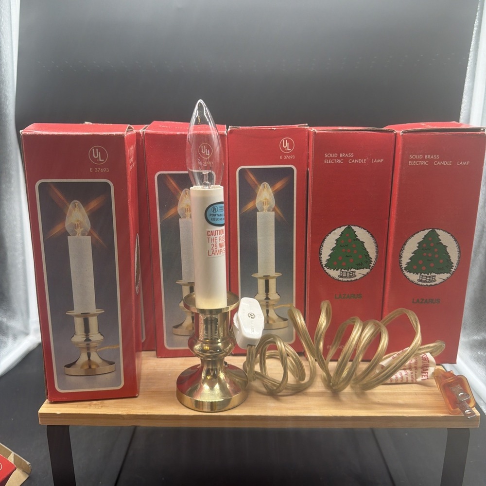 7 VTG Lazarus Electric Holiday Candle Lamps Solid Brass Base ON/OFF Switch Bulbs